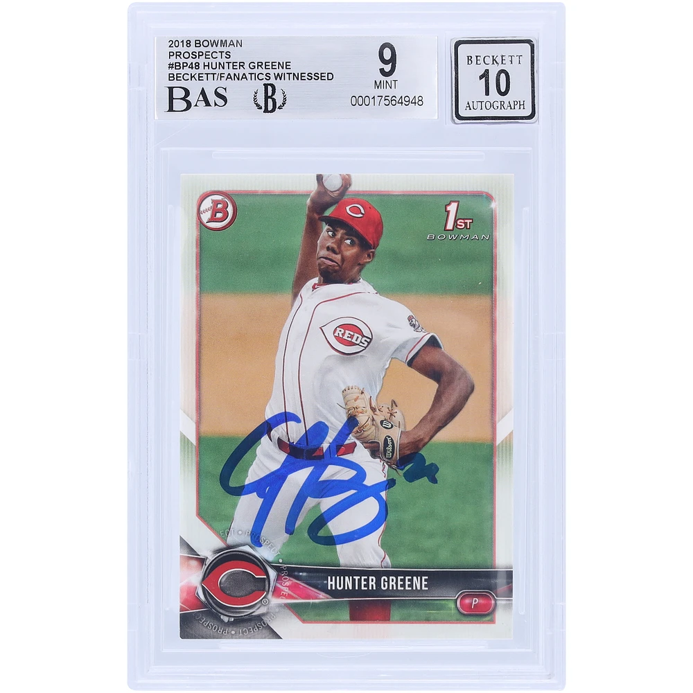 Hunter Greene Cincinnati Reds Autographed 2018 Bowman Prospects #BP48 Beckett Fanatics Witnessed Authenticated 9/10 Rookie Card