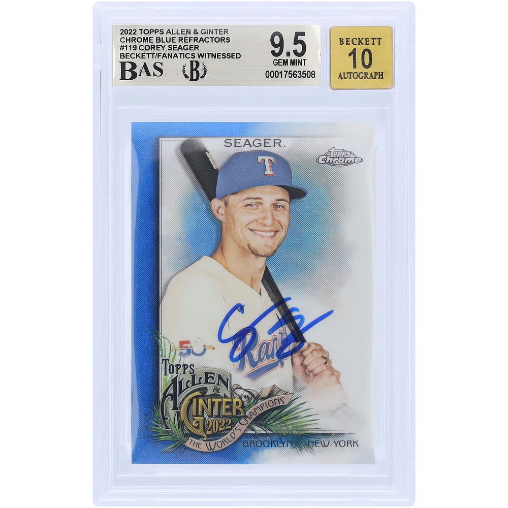 Corey Seager Texas Rangers Autographed 2022 Topps Allen & Ginter Chrome Blue Refractor #119 #/150 Beckett Fanatics Witnessed Authenticated 9.5/10 Card