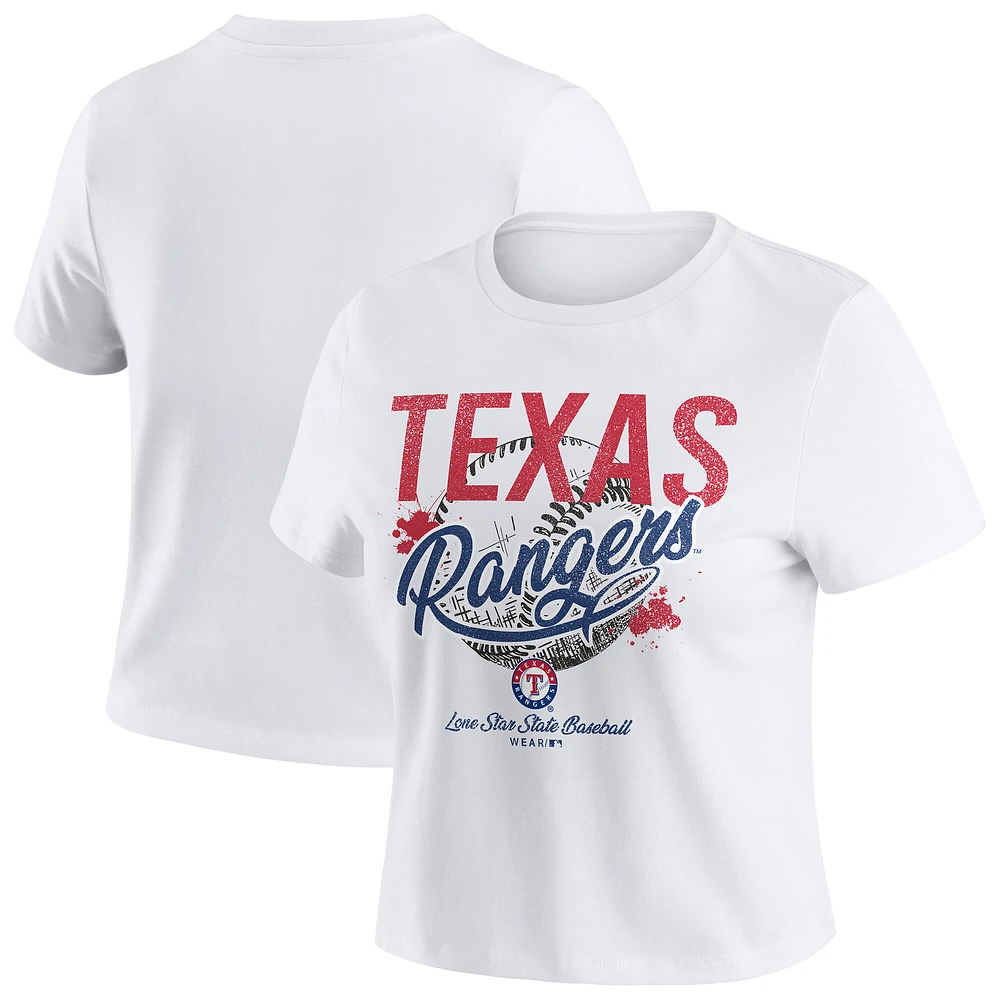 Women's WEAR by Erin Andrews White Texas Rangers Distressed Cropped Baby T-Shirt