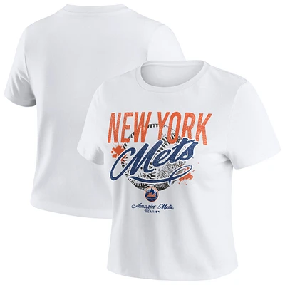 Women's WEAR by Erin Andrews White New York Mets Distressed Cropped Baby T-Shirt
