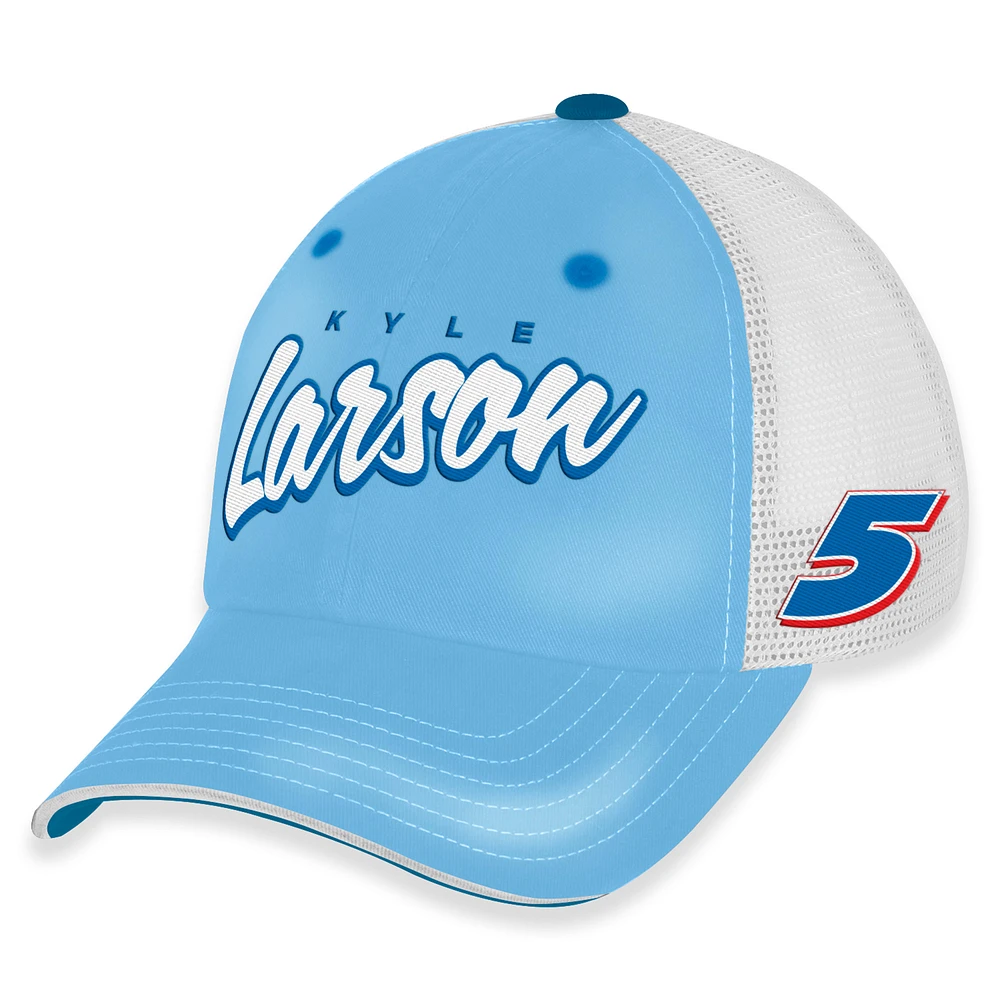 Women's Checkered Flag Sports Light Blue/White Kyle Larson Pit Box Adjustable Trucker Hat