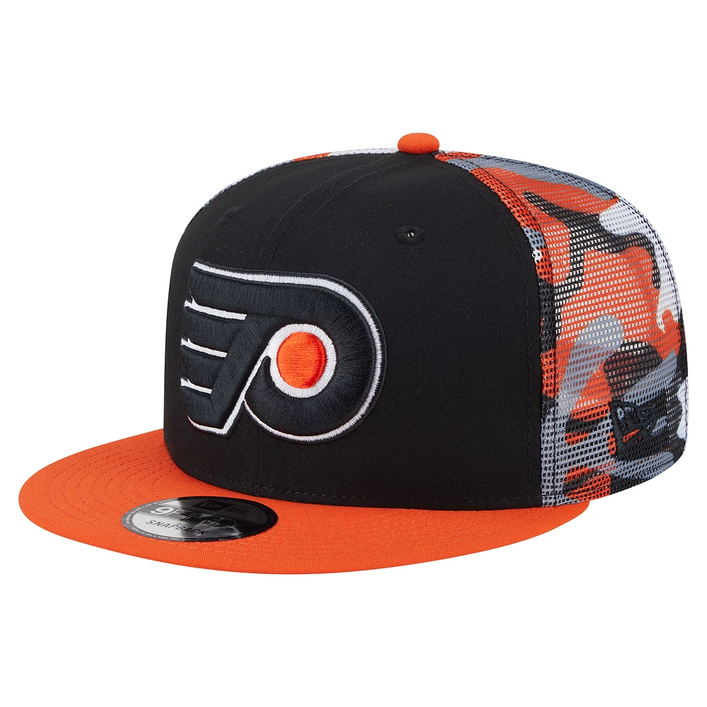 Men's New Era Black/Orange Philadelphia Flyers Camo Meshback 9FIFTY Snapback Hat