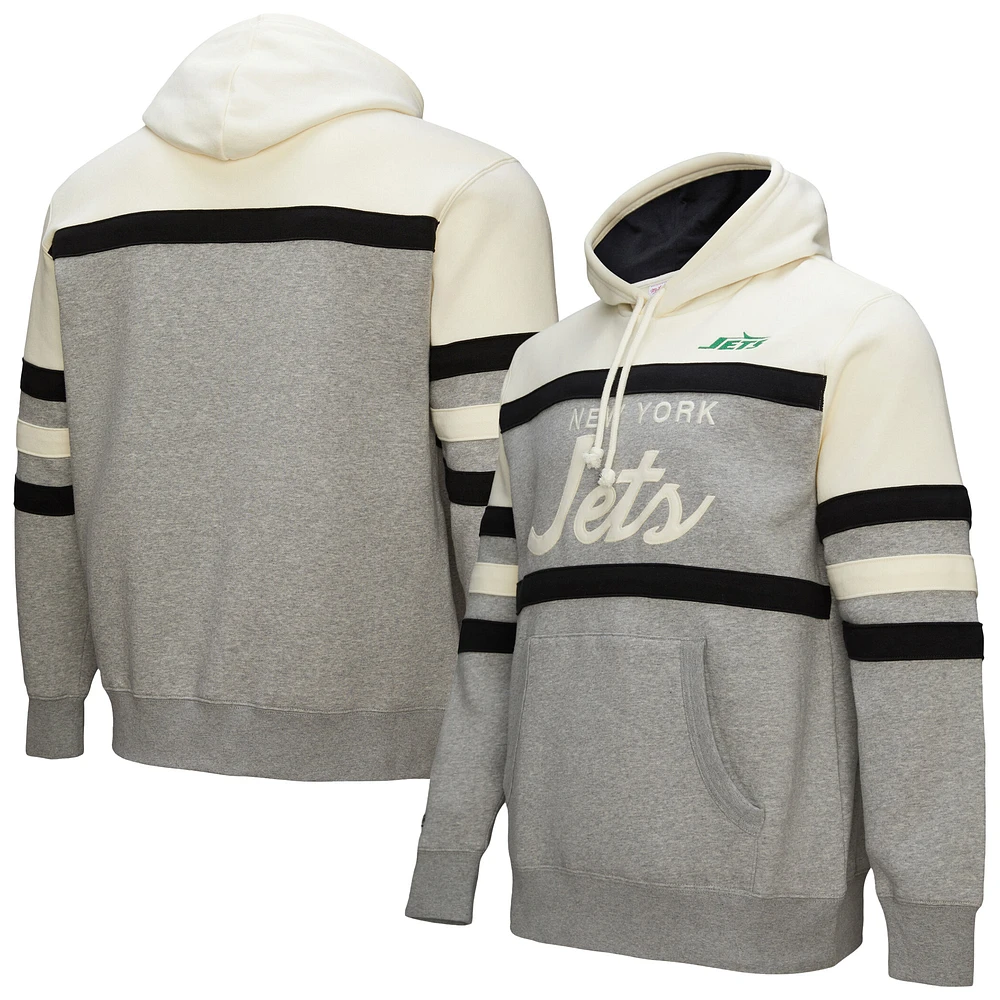 Men's Mitchell & Ness Heather Gray New York Jets Head Coach Vintage Logo Pullover Hoodie