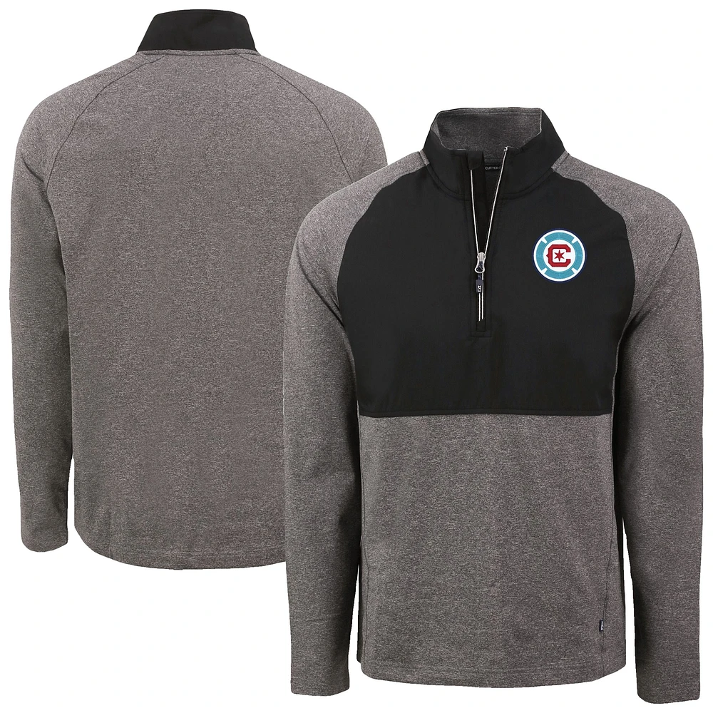 Men's Cutter & Buck Heather Black Chicago Fire Adapt Eco Knit Hybrid Recycled Raglan Quarter-Zip Top