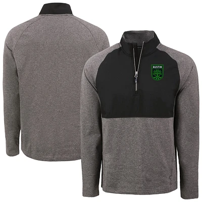 Men's Cutter & Buck Heather Black Austin FC Adapt Eco Knit Hybrid Recycled Raglan Quarter-Zip Top