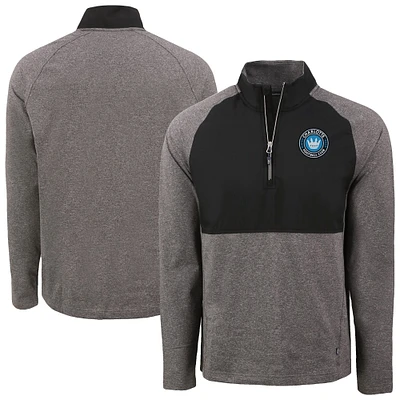 Men's Cutter & Buck Heather Black Charlotte FC Adapt Eco Knit Hybrid Recycled Raglan Quarter-Zip Top