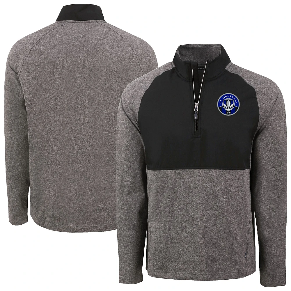Men's Cutter & Buck Heather Black CF Montreal Adapt Eco Knit Hybrid Recycled Raglan Quarter-Zip Top