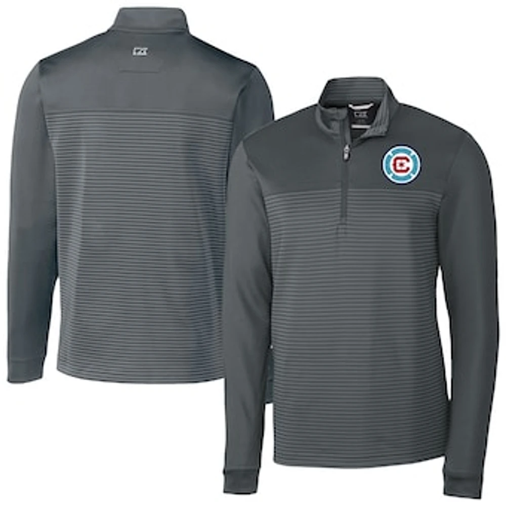 Men's Cutter & Buck Gray Chicago Fire Traverse Stretch Eco Stripe Quarter-Zip Top