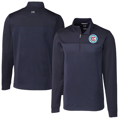 Men's Cutter & Buck Navy Chicago Fire Traverse Stretch Eco Stripe Quarter-Zip Top
