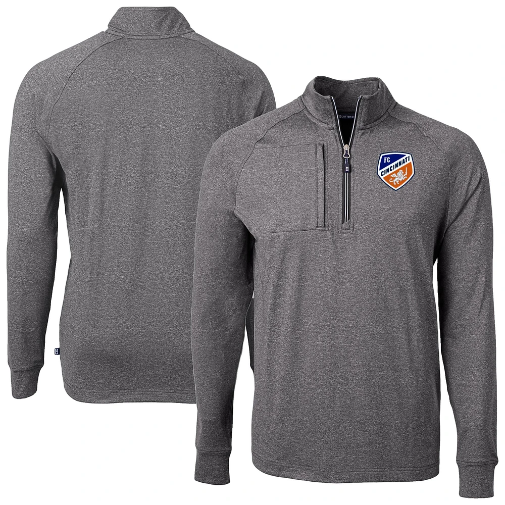 Men's Cutter & Buck Heather FC Cincinnati Adapt Eco Knit Raglan Quarter-Zip Pullover Top