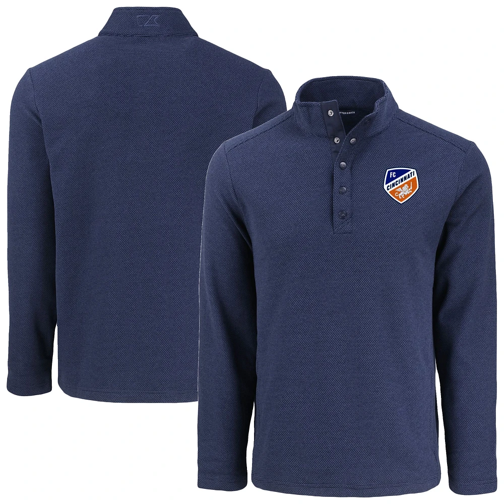 Men's Cutter & Buck Navy FC Cincinnati Hunts Point Eco Textured Fleece Recycled Quarter-Snap Pullover