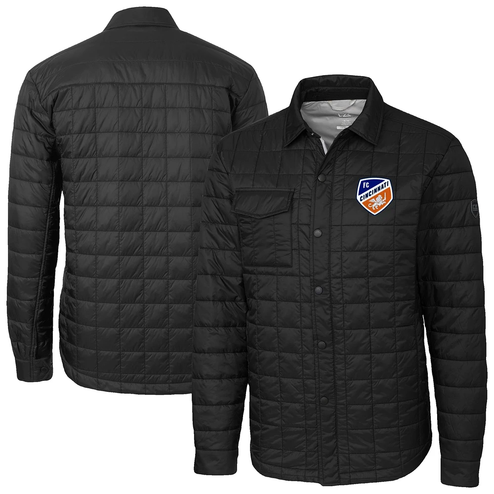 Men's Cutter & Buck Black FC Cincinnati Rainier PrimaLoft Eco Insulated Quilted Button-Up Shirt Jacket
