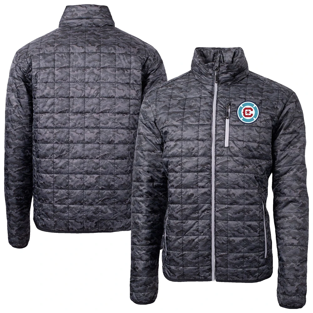 Men's Cutter & Buck Black Chicago Fire Rainier PrimaLoft® Eco Insulated Printed Full-Zip Hoodie Puffer Jacket