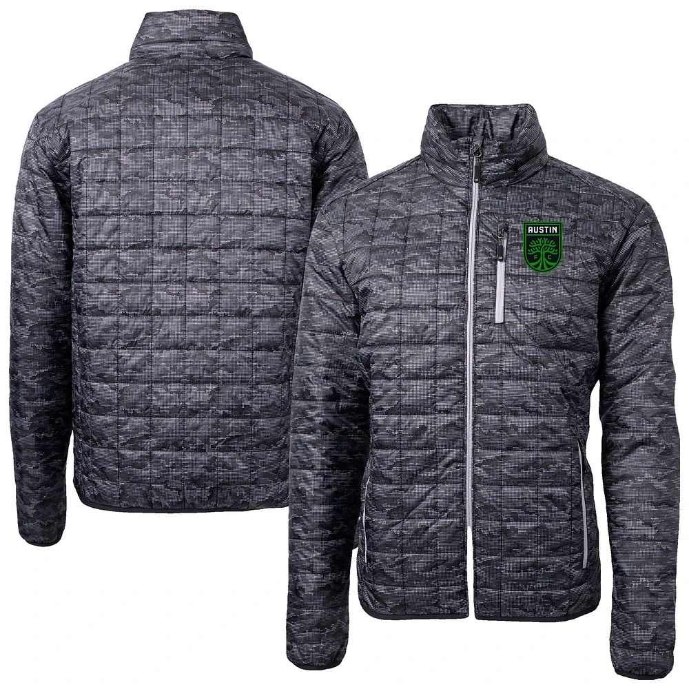 Men's Cutter & Buck Black Austin FC Rainier PrimaLoft® Eco Insulated Printed Full-Zip Hoodie Puffer Jacket