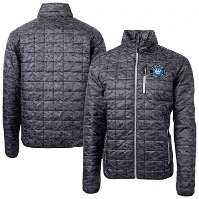 Men's Cutter & Buck Black Charlotte FC Rainier PrimaLoft® Eco Insulated Printed Full-Zip Hoodie Puffer Jacket