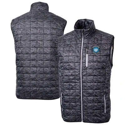Men's Cutter & Buck Black Charlotte FC Rainier PrimaLoft Eco Insulated Printed Full-Zip Puffer Vest