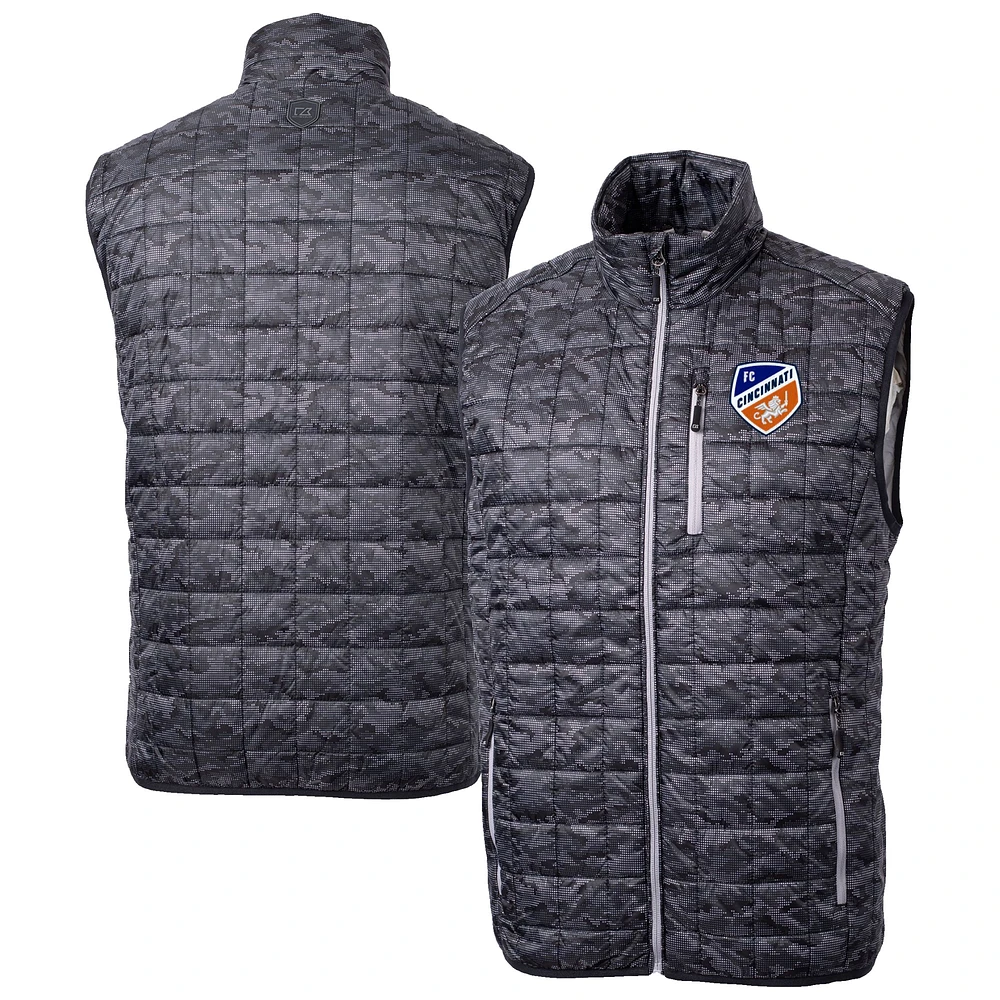 Men's Cutter & Buck Black FC Cincinnati Rainier PrimaLoft Eco Insulated Printed Full-Zip Puffer Vest