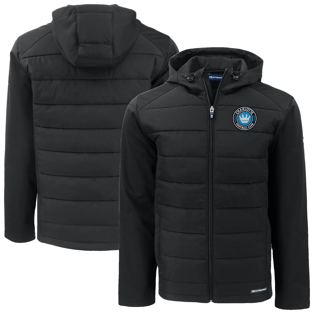 Men's Cutter & Buck Black Charlotte FC Evoke Hybrid Eco Softshell Recycled Full-Zip Hooded Jacket