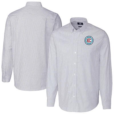Men's Cutter & Buck Light Blue Chicago Fire Stretch Oxford Stripe Long Sleeve Button-Down Shirt