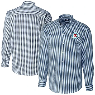 Men's Cutter & Buck Navy Chicago Fire Easy Care Stretch Gingham Long Sleeve Button-Down Shirt