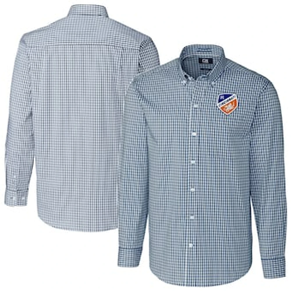Men's Cutter & Buck Navy FC Cincinnati Easy Care Stretch Gingham Long Sleeve Button-Down Shirt