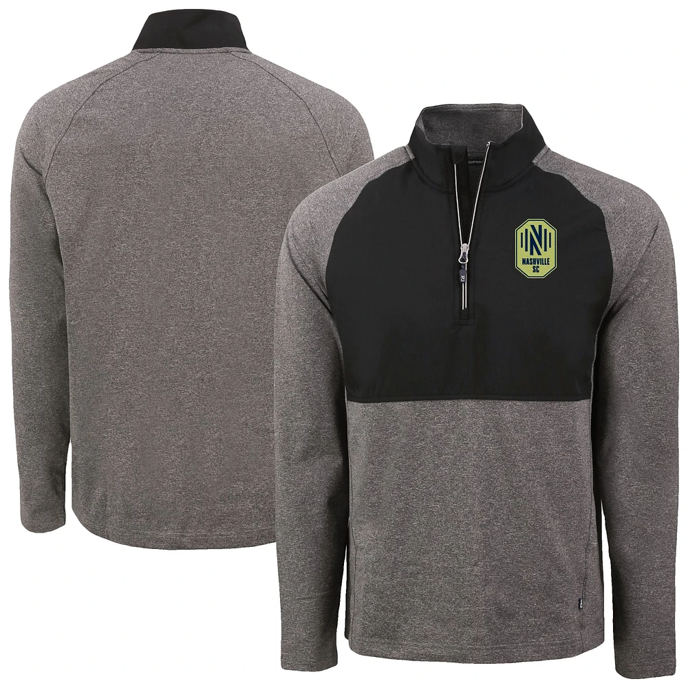 Men's Cutter & Buck Heather Black Nashville SC Adapt Eco Knit Hybrid Recycled Quarter-Zip Pullover Top