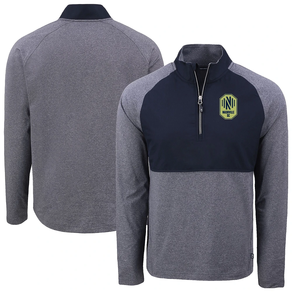 Men's Cutter & Buck Heather Navy/Navy Nashville SC Adapt Eco Knit Hybrid Recycled Raglan Quarter-Zip Pullover Top