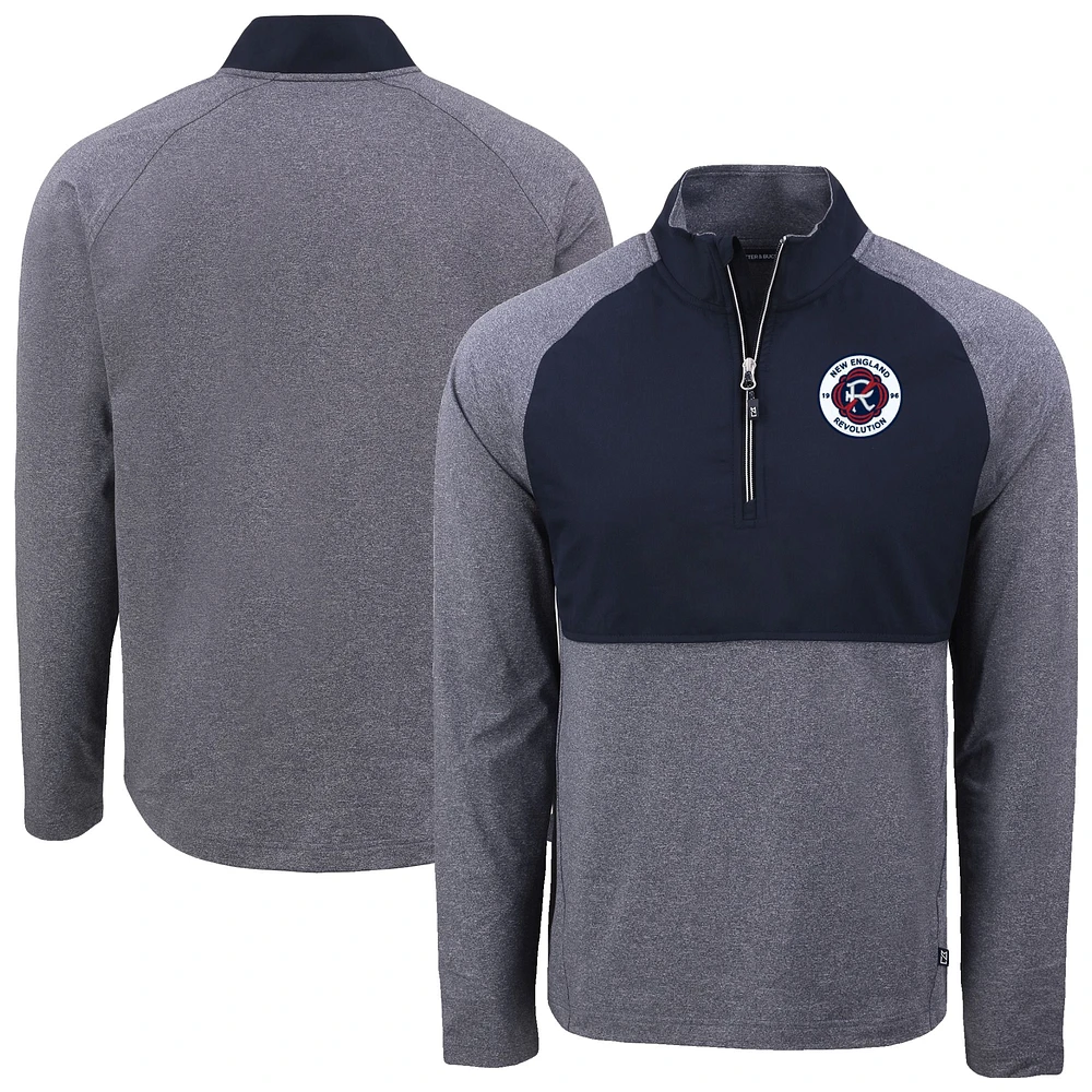 Men's Cutter & Buck Heather Navy/Navy New England Revolution Adapt Eco Knit Hybrid Recycled Raglan Quarter-Zip Pullover Top