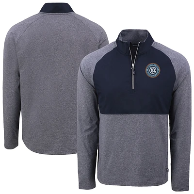 Men's Cutter & Buck Heather Navy/Navy New York City FC Adapt Eco Knit Hybrid Recycled Raglan Quarter-Zip Pullover Top