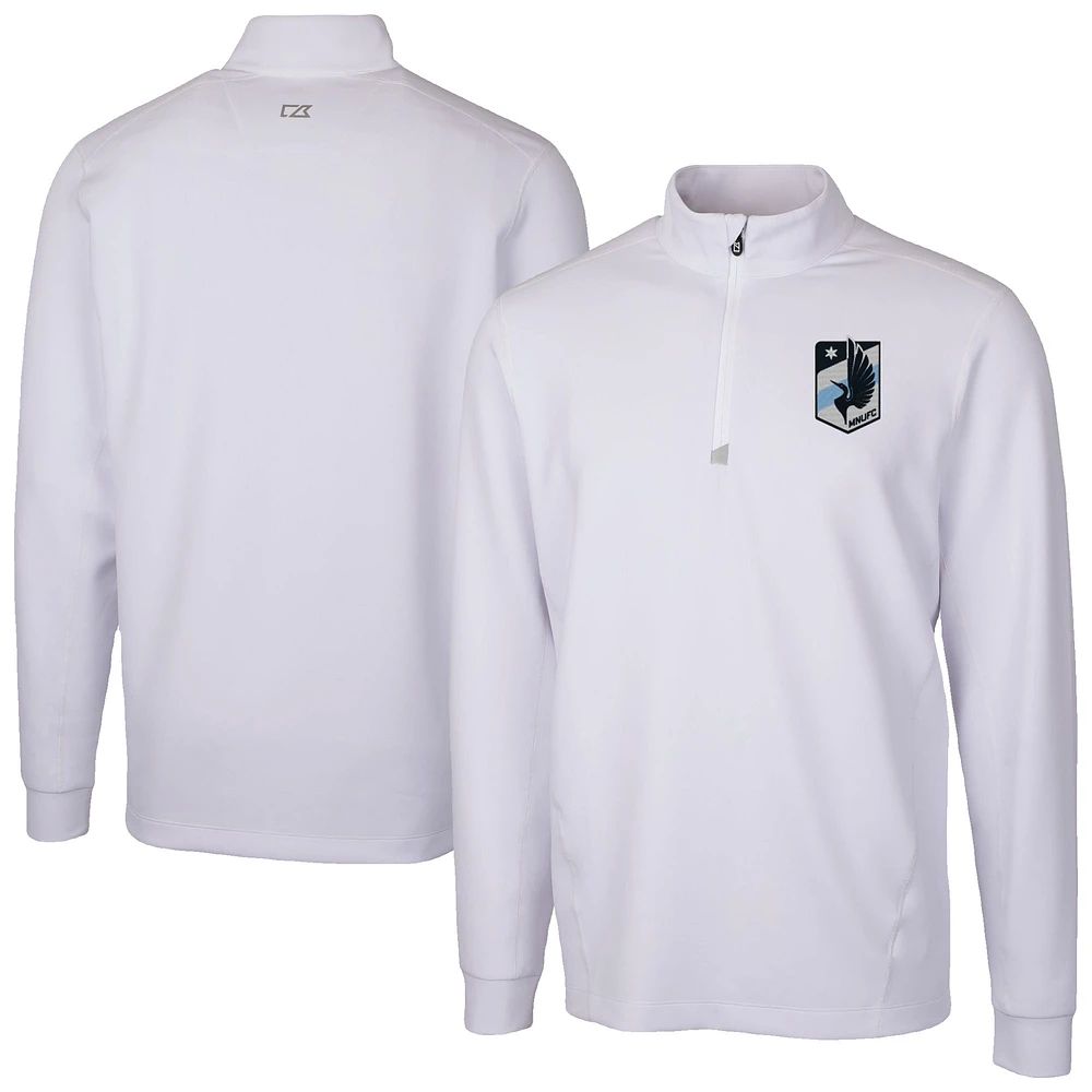 Men's Cutter & Buck White Minnesota United FC Traverse Stretch Eco Quarter-Zip Pullover Top