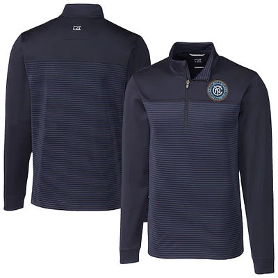 Men's Cutter & Buck Navy New York City FC Traverse Stretch Eco Stripe Quarter-Zip Pullover Top