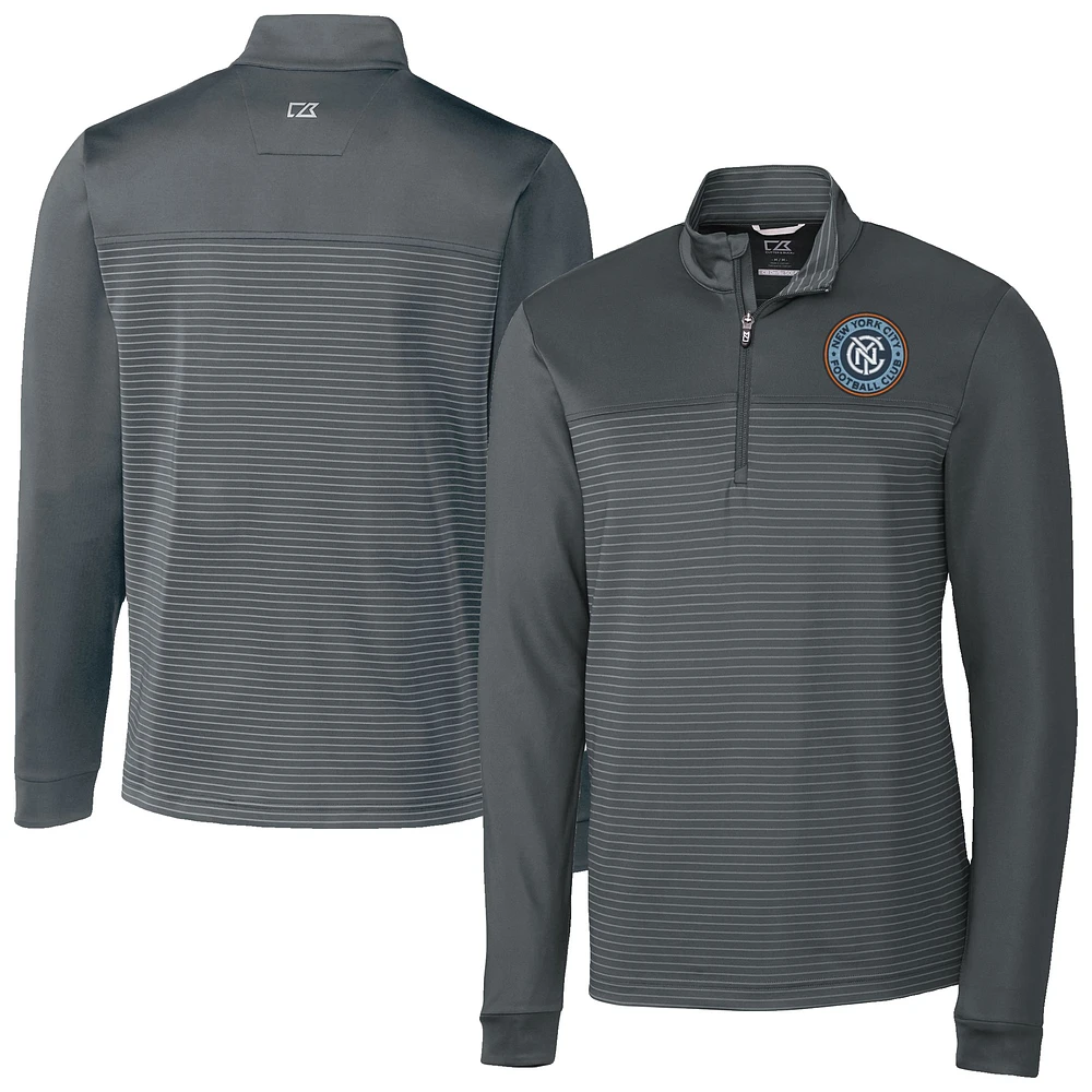 Men's Cutter & Buck Gray New York City FC Traverse Stretch Eco Stripe Quarter-Zip Pullover Top