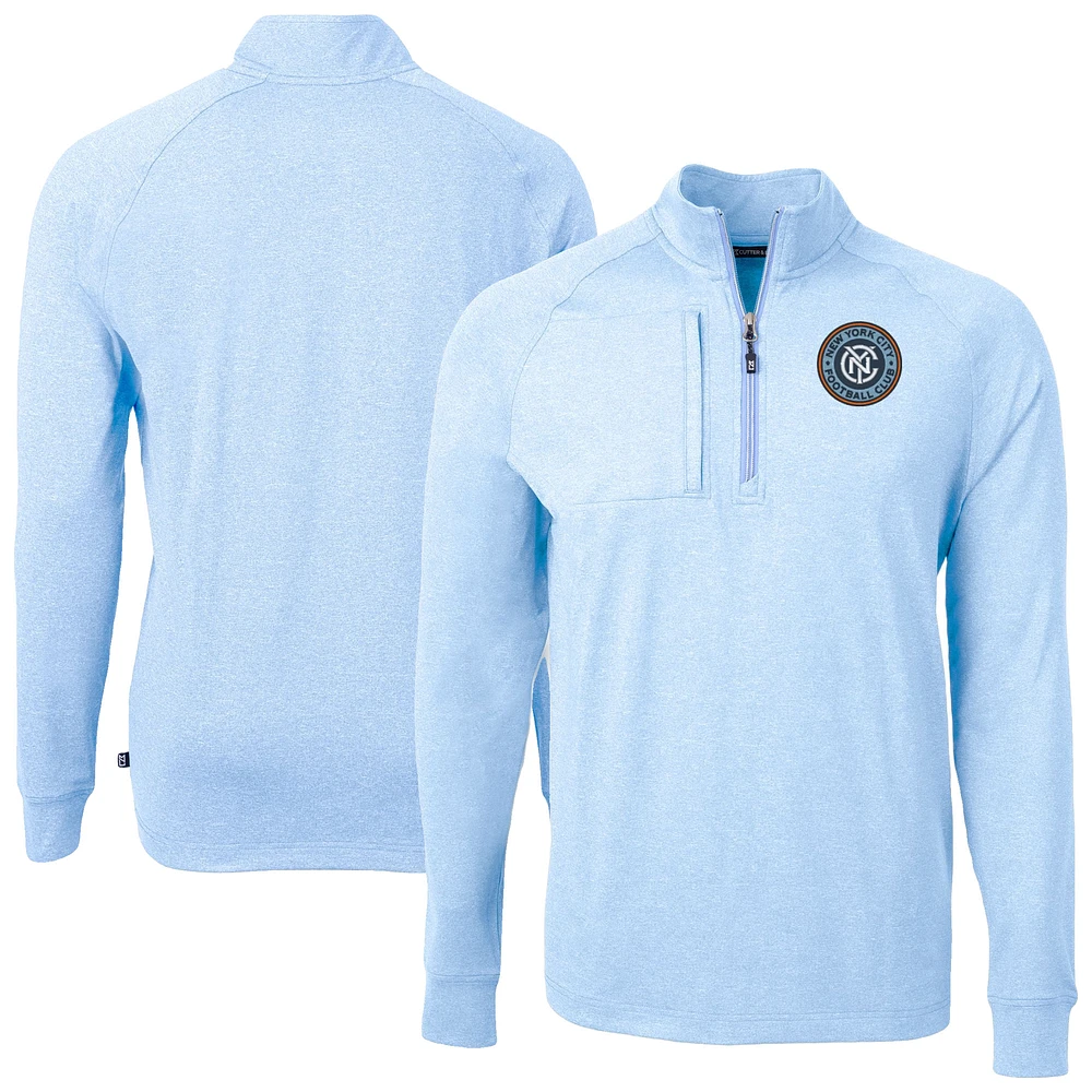 Men's Cutter & Buck Heather Powder Blue New York City FC Adapt Eco Knit Raglan Quarter-Zip Pullover Top