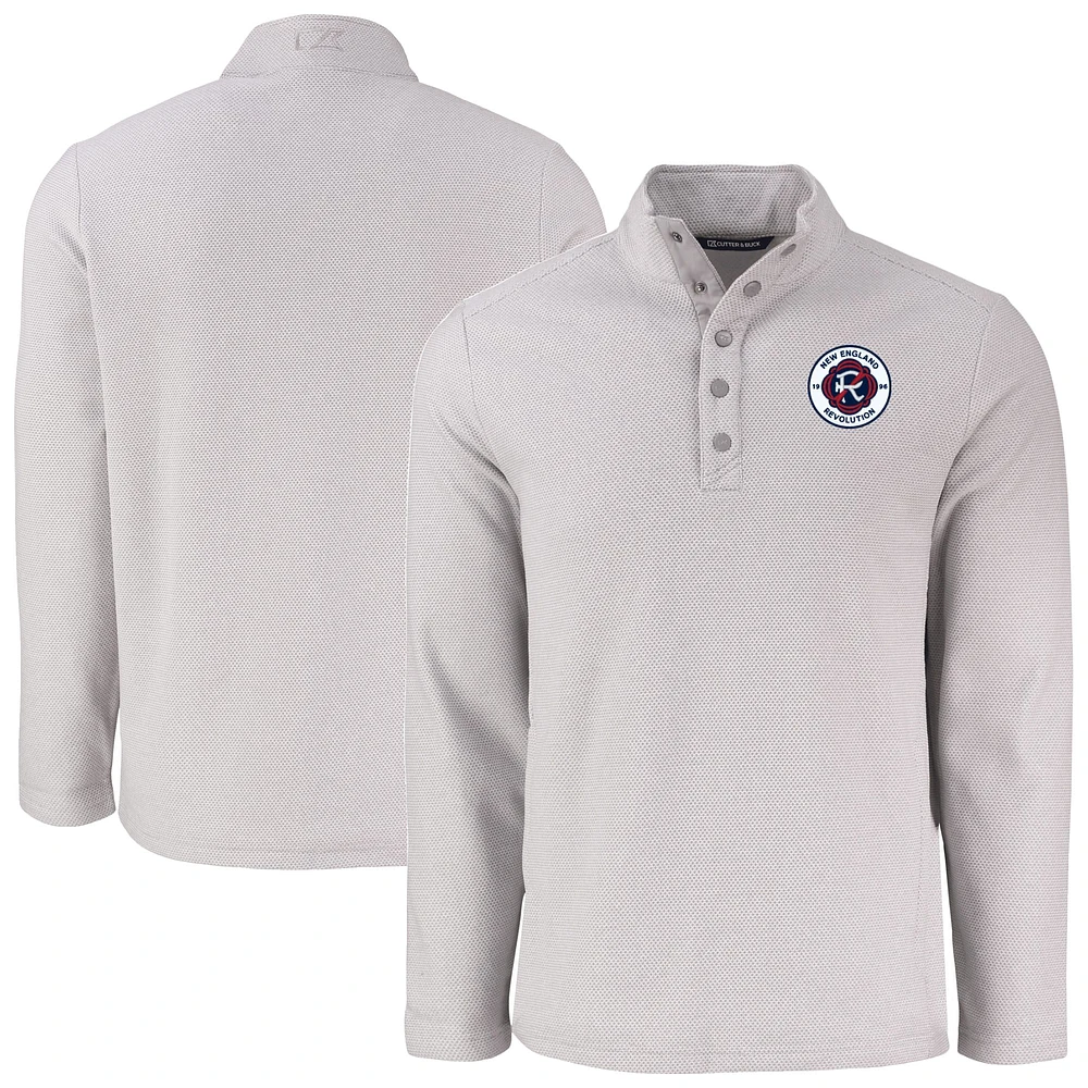 Men's Cutter & Buck Gray New England Revolution Hunts Point Eco Textured Fleece Recycled Quarter-Snap Pullover