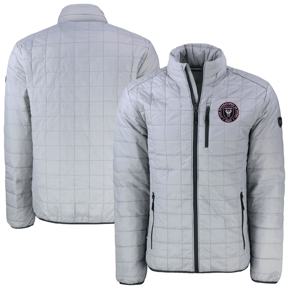 Men's Cutter & Buck Gray Inter Miami CF Rainier PrimaLoft Eco Insulated Puffer Full-Zip Jacket