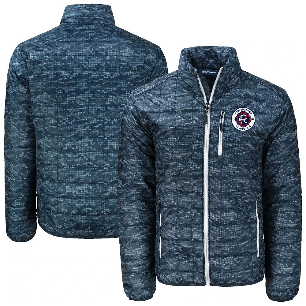 Men's Cutter & Buck Navy New England Revolution Rainier PrimaLoft® Eco Insulated Printed Full-Zip Hoodie Puffer Jacket