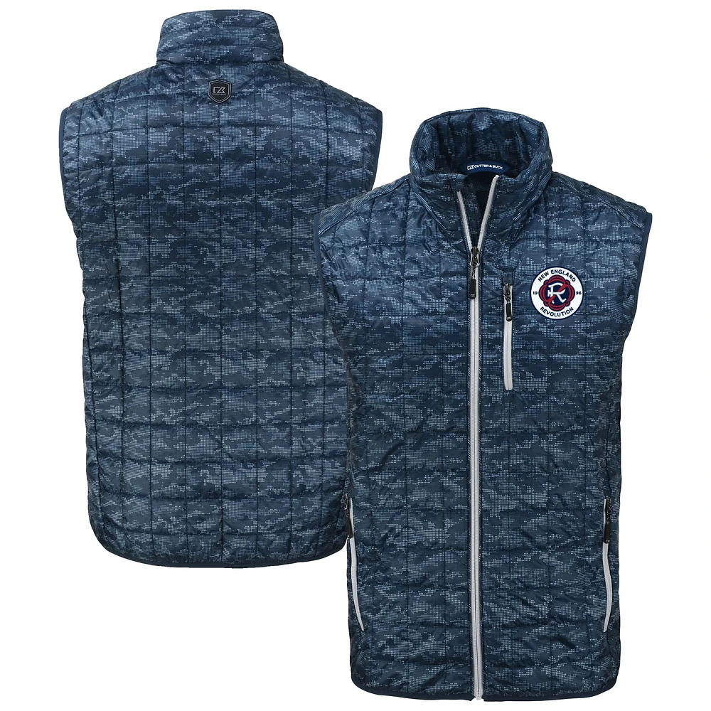 Men's Cutter & Buck Navy New England Revolution Rainier PrimaLoft® Eco Insulated Printed Full-Zip Puffer Vest