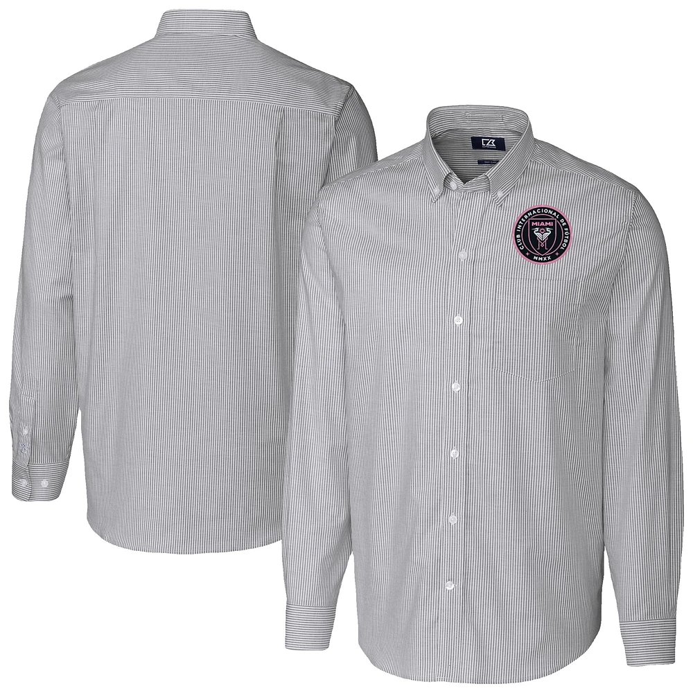 Men's Cutter & Buck Charcoal Inter Miami CF Stretch Oxford Stripe Long Sleeve Tri-Blend Button-Down Shirt