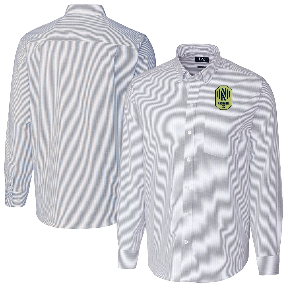 Men's Cutter & Buck Light Blue Nashville SC Stretch Oxford Stripe Long Sleeve Tri-Blend Button-Down Shirt
