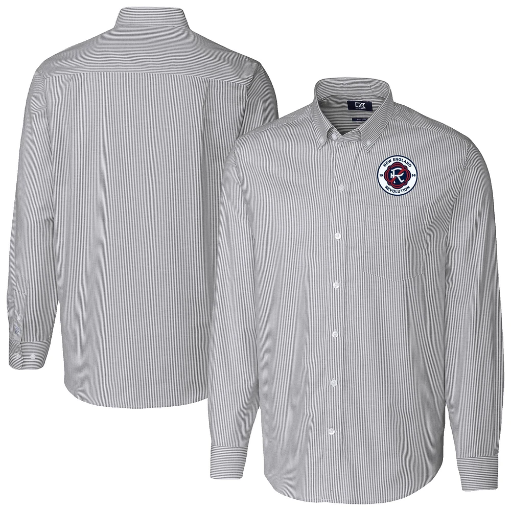 Men's Cutter & Buck Charcoal New England Revolution Stretch Oxford Stripe Long Sleeve Tri-Blend Button-Down Shirt
