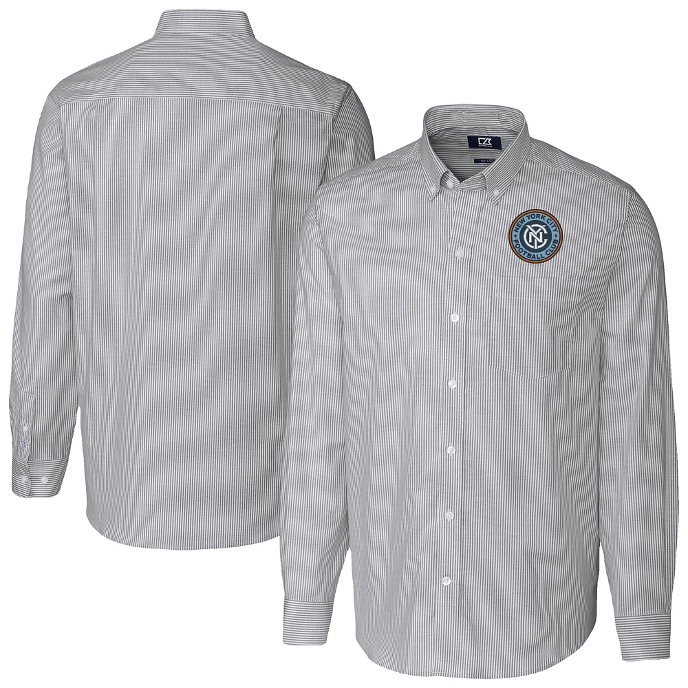 Men's Cutter & Buck Charcoal New York City FC Stretch Oxford Stripe Long Sleeve Tri-Blend Button-Down Shirt