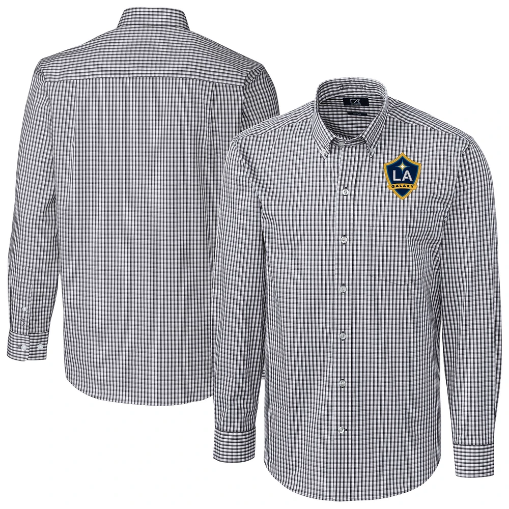 Men's Cutter & Buck Charcoal LA Galaxy Easy Care Stretch Gingham Long Sleeve Dress Shirt