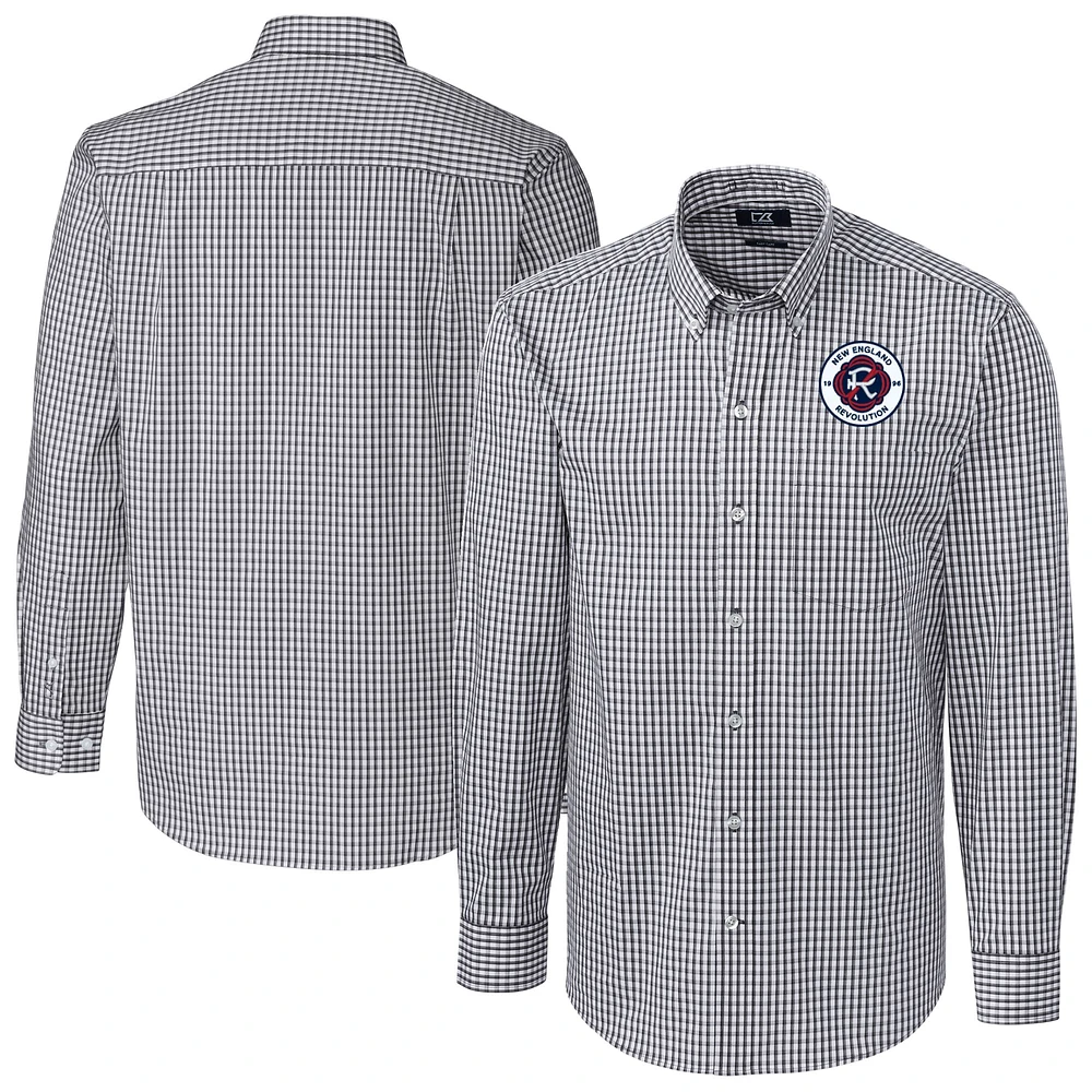 Men's Cutter & Buck Charcoal New England Revolution Easy Care Stretch Gingham Long Sleeve Dress Shirt