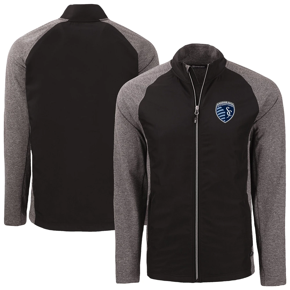 Men's Cutter & Buck Black/Heather Black Sporting Kansas City Adapt Eco Knit Hybrid Recycled Raglan Full-Zip Jacket