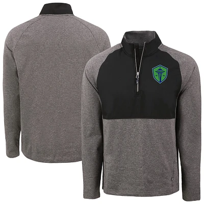 Men's Cutter & Buck Heather Black/Black Seattle Sounders FC Adapt Eco Knit Hybrid Recycled Raglan Quarter-Zip Top