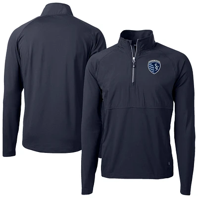 Men's Cutter & Buck /Navy Sporting Kansas City Adapt Eco Knit Hybrid Recycled Raglan Quarter-Zip Top