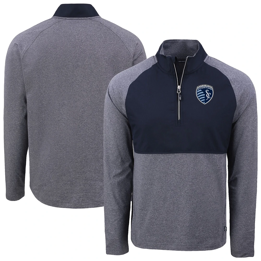 Men's Cutter & Buck Heather Navy/Navy Sporting Kansas City Adapt Eco Knit Hybrid Recycled Raglan Quarter-Zip Top