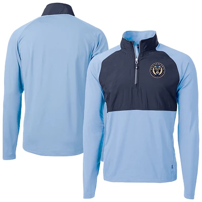 Men's Cutter & Buck Powder Blue/Navy Philadelphia Union Adapt Eco Knit Hybrid Recycled Raglan Quarter-Zip Top