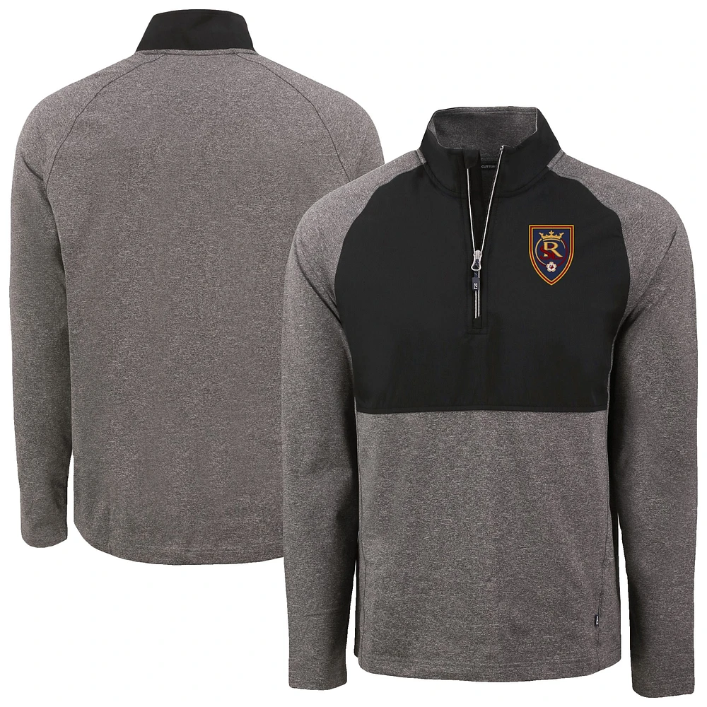 Men's Cutter & Buck Heather Black/Black Real Salt Lake Adapt Eco Knit Hybrid Recycled Raglan Quarter-Zip Top