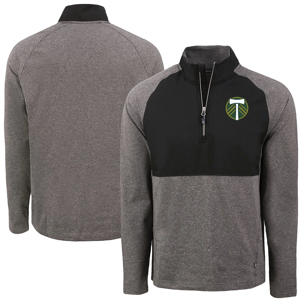 Men's Cutter & Buck Heather Black/Black Portland Timbers Adapt Eco Knit Hybrid Recycled Raglan Quarter-Zip Top